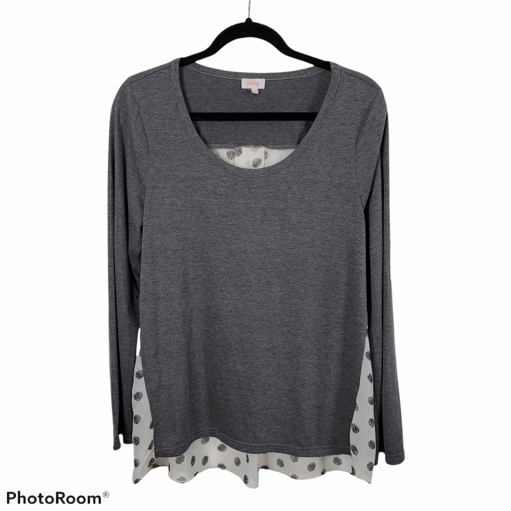 *Pixley Gray Long Sleeve Knit Top Sheer Print Back Preppy Cottage Coastal Blouse